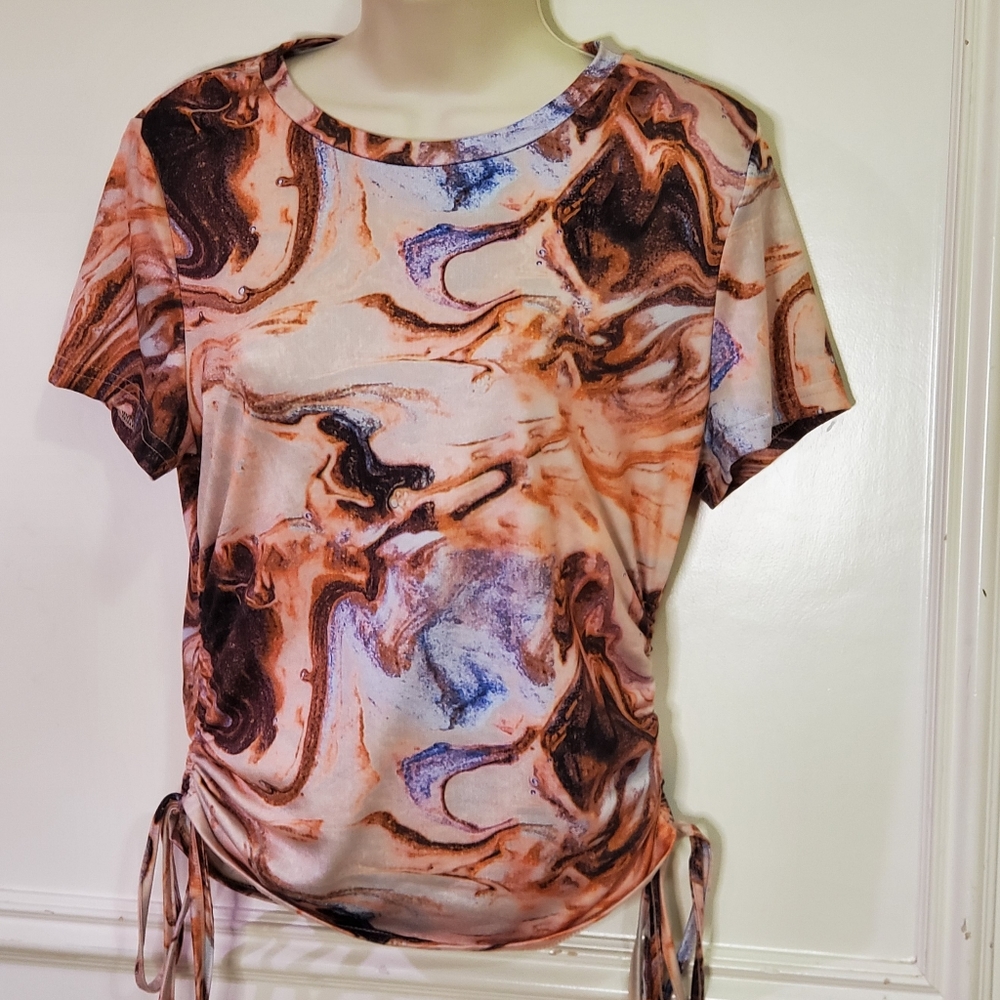 SHEIN Curve Blush Pink Multi-Color Marble Print Top w/Drawstring Sides, Size 0XL